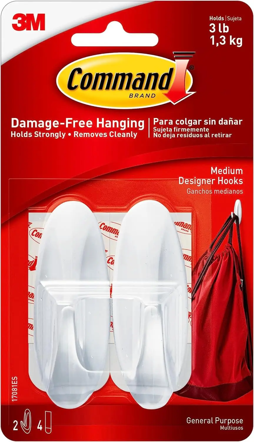 

Medium Designer Hooks, 2 Hooks & 4 Strips, Damage-Free Wall Hooks, Holds 3 lb, No Tools Needed