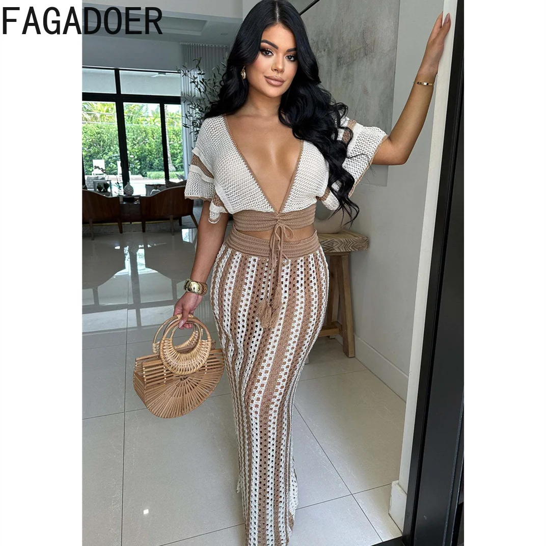 FAGADOER Fashion Streetwear Women Striped Knitting Lace Up V Neck Short Sleeve Crop Top+Skirts Two Piece Set Female 2pcs Outfits