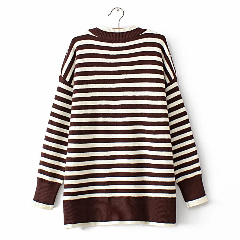 4XL Plus Size Ladies Sweater Fashion Knitted Pullover Cut Hole Design Splicing Striped Jumpers Autumn Winter Keep Warm Knitwear