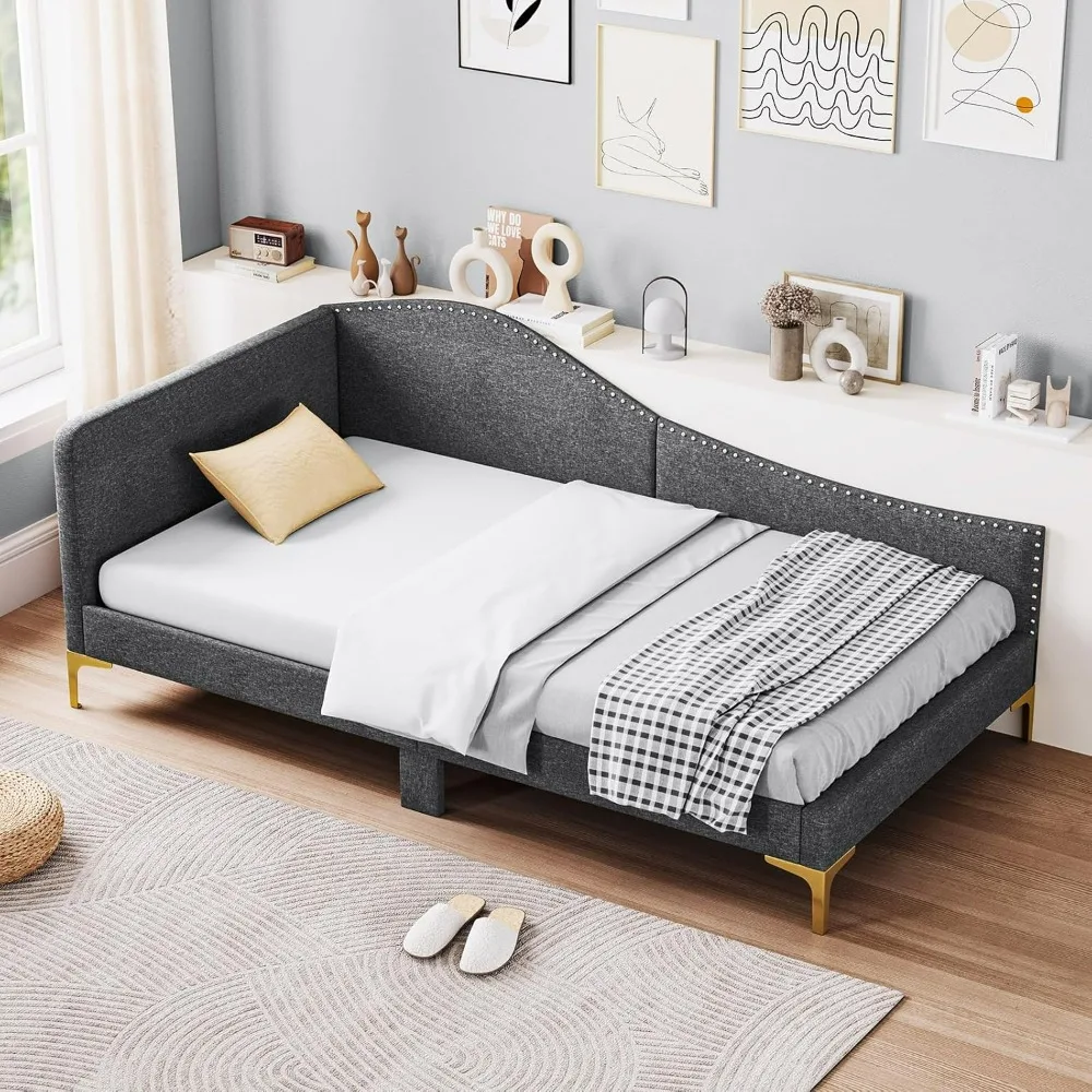 Twin Size Upholstered Daybed, Rivet-Tufted Platform Bed with Headboard, Metal Legs & Wood Slats, L-Shaped Corner Sofa Bed