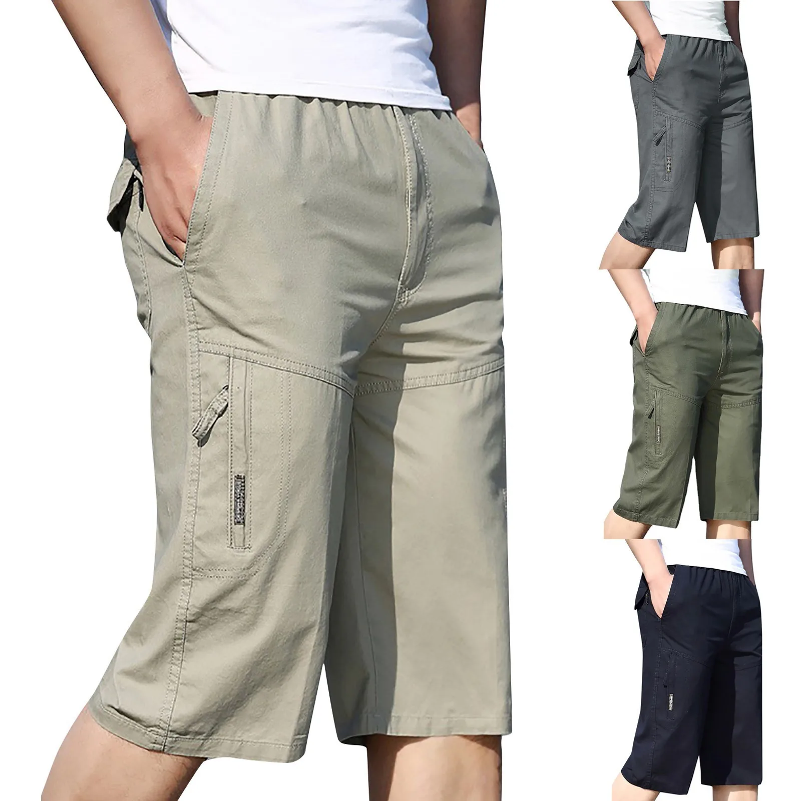 Men'S Fashion Button Shorts Outdoors Causal Sports Straight Cargo Shorts With Pockets Elastic Waist Solid Color Overalls