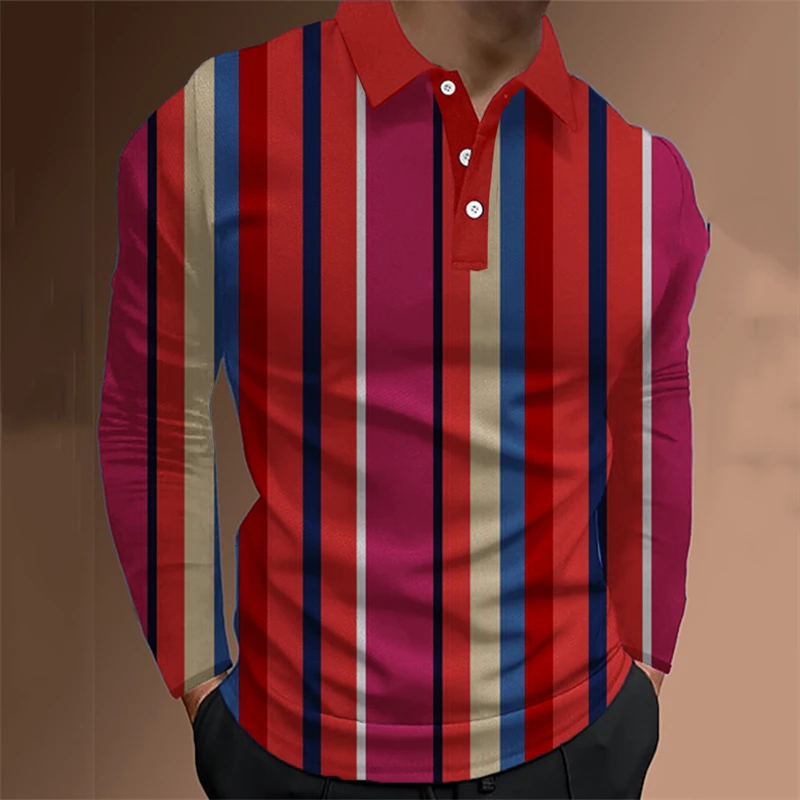 Fashion Men\'s Polo Shirt 3D Thin Line Stripe T-Shirt Top Summer Long Sleeve Polo Shirt Colorful Pattern Tee Casual Male Clothes