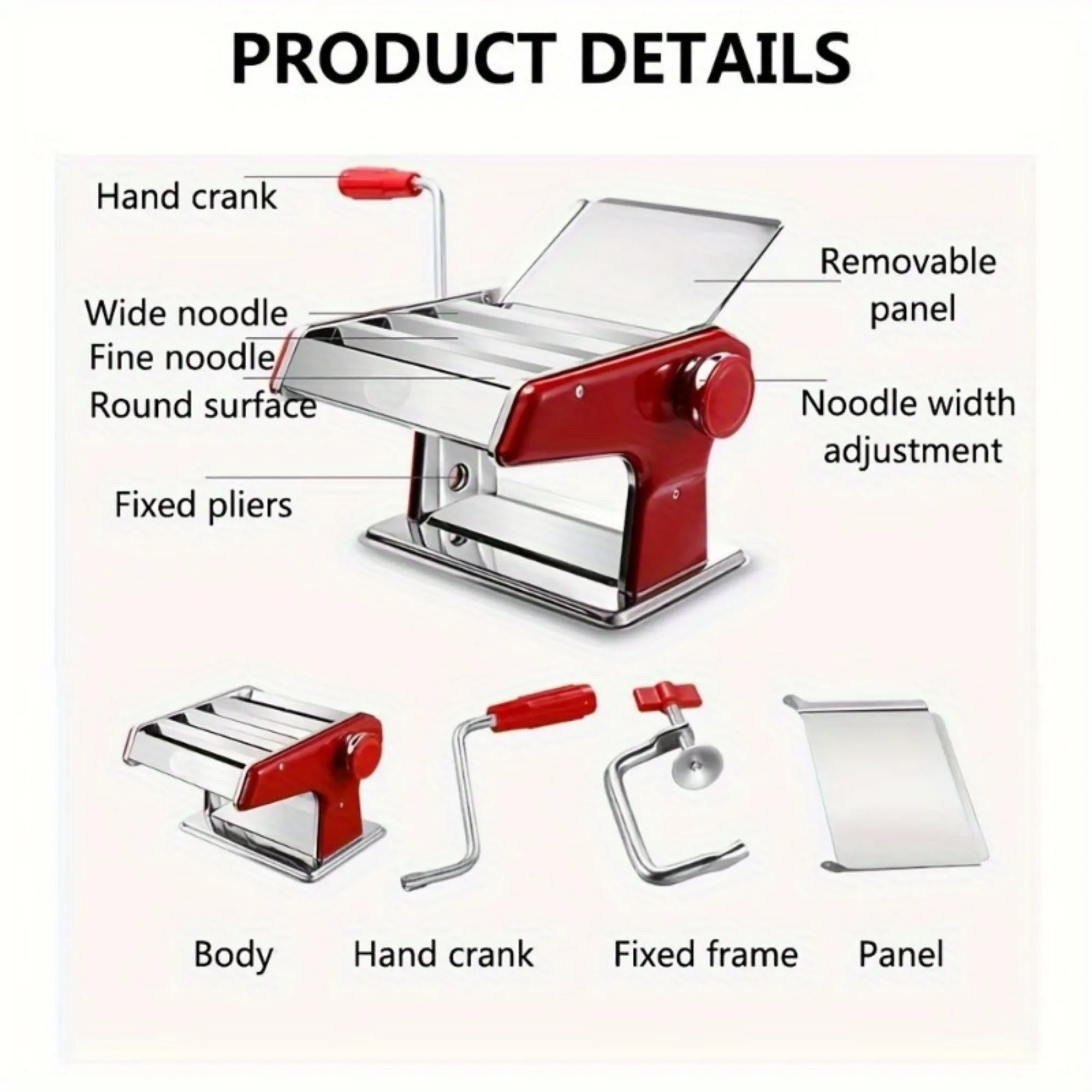 Manual Pasta Maker Machine with 6 Adjustable Thickness Settings - Hand Crank, Double Cutter Roller for Spaghetti Fettuccine Nood