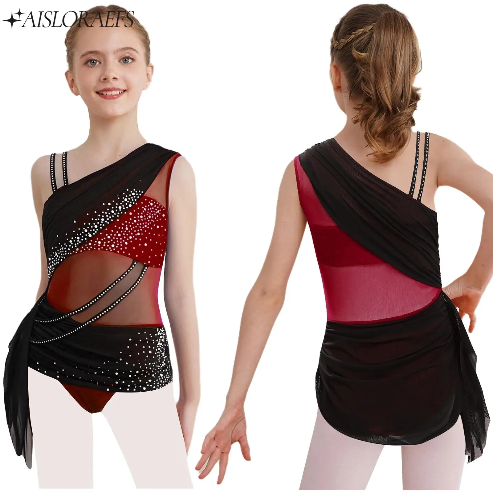 

Kids Gymnastics Ballet Lyrical Modern Dance Dress for Kids Ice Skating Dance Class Costume Asymmetrical Rhinestones Mesh Leotard