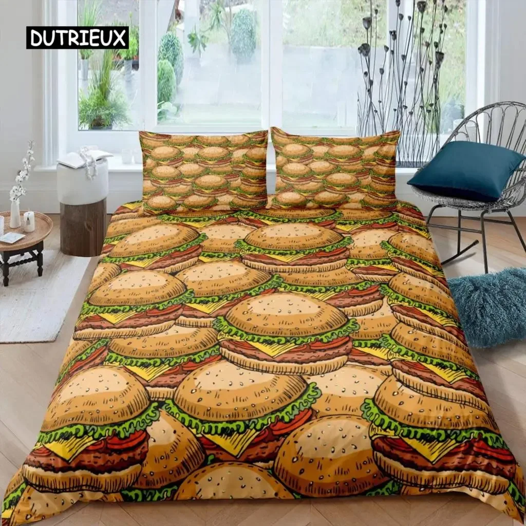 

Hamburger Duvet Cover Set Meat Cheese Comforter Cover Fast Food Theme Bedding Set Cartoon Hamburg Pattern Quilt Cover for Kids