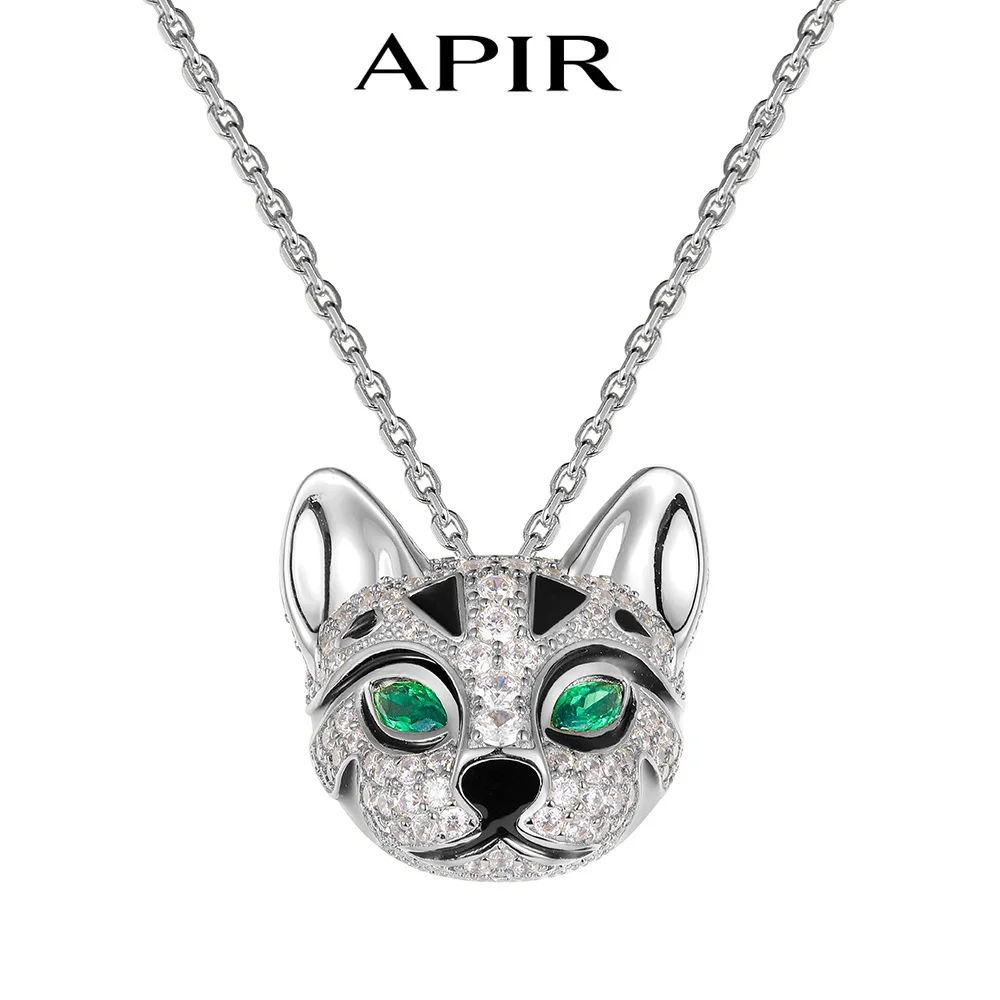 

APIR 5A Zircon Green Gem Leopard Cat Pendant Necklace Inlay Diamond Panther Pendants Jewelry for Men Women Silver Color Necklace