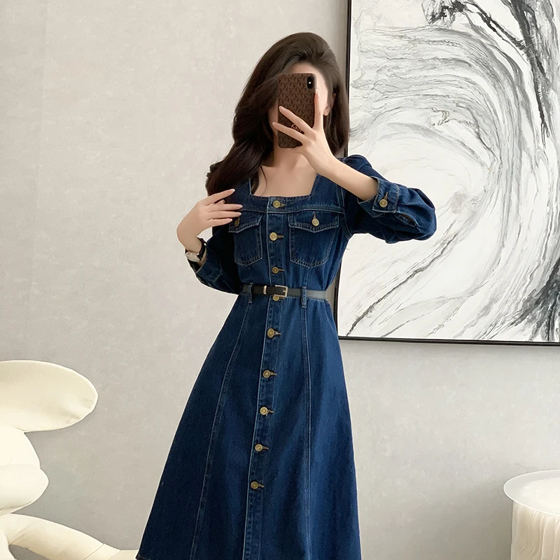 レトロなスクエアカラーデニムドレス レディース 春秋新作 スリムロング丈 ハイライズ カジュアル X-ape ドレス