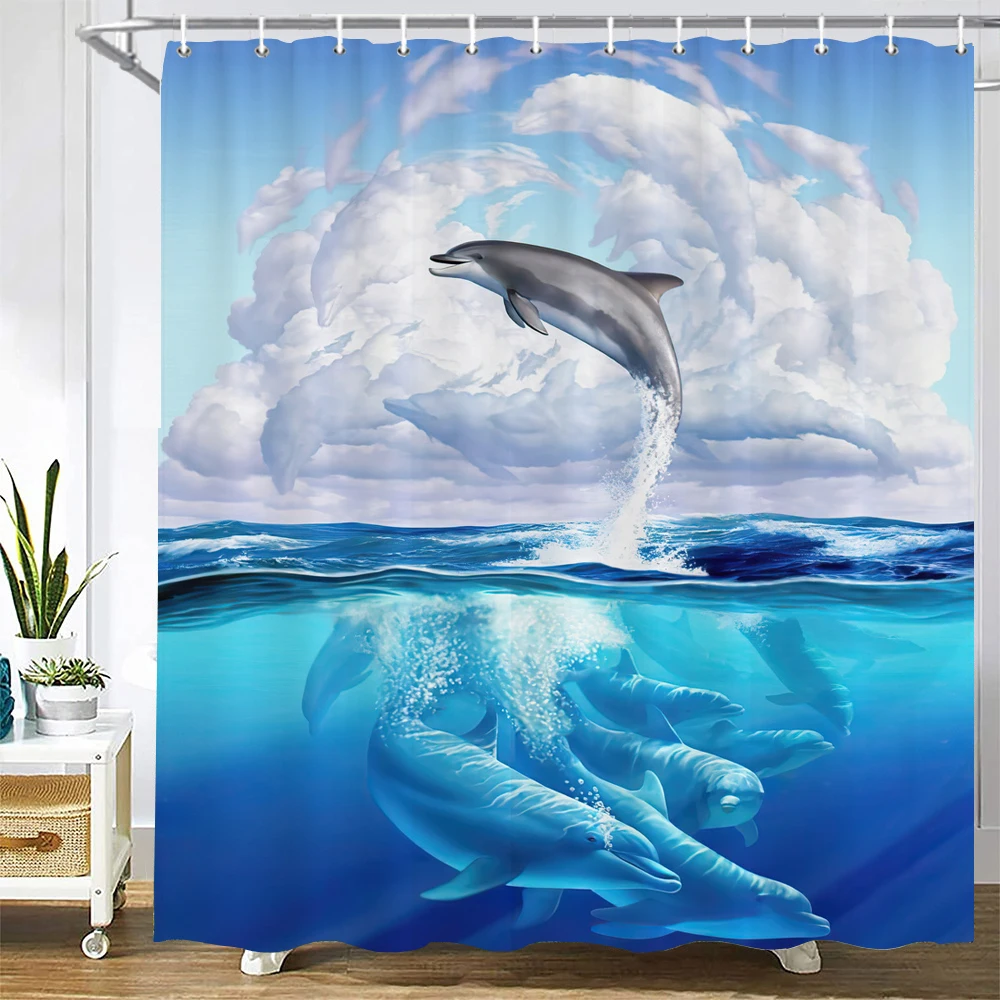 Dolphin Shower Curtain, Blue Underwater World Marine Life , Polyester Fabric Kids Ocean Theme Bathroom Decor Set with 12 Hooks