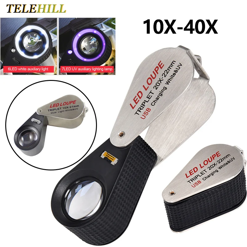 Lupa com Luz Dupla Branco uv Led Iluminado Lupa Jóias Diamante Pedra Preciosa Olho Vidro para Reparo 10x 20x 30x 40x
