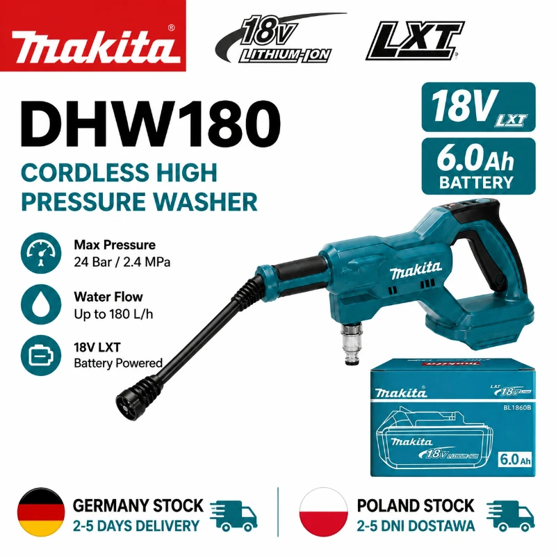 Original Makita DHW180 Akku-Hochdruckreiniger 18V Tragbarer Hochdruckreiniger Wassersprühpistole für Auto Fahrrad Motorrad Garten Zaun Terrasse Außenreinigung Kompatibel mit Makita 18V LXT Akku BL1830