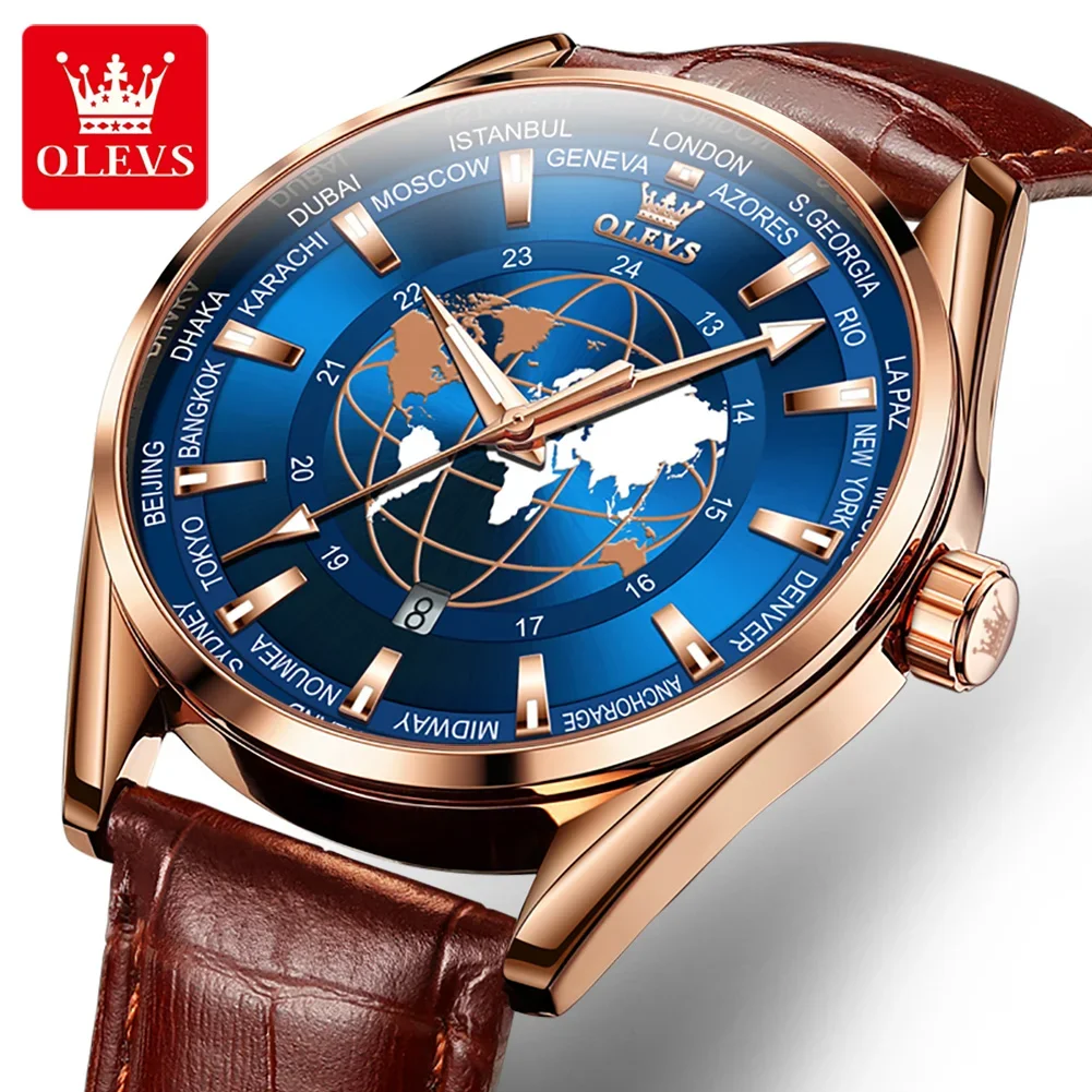 

OLEVS 9926 Quartz Waterproof Men Wristwatch, PU Strap Fashion Hot Globe Watches For Men Luminous Calendar