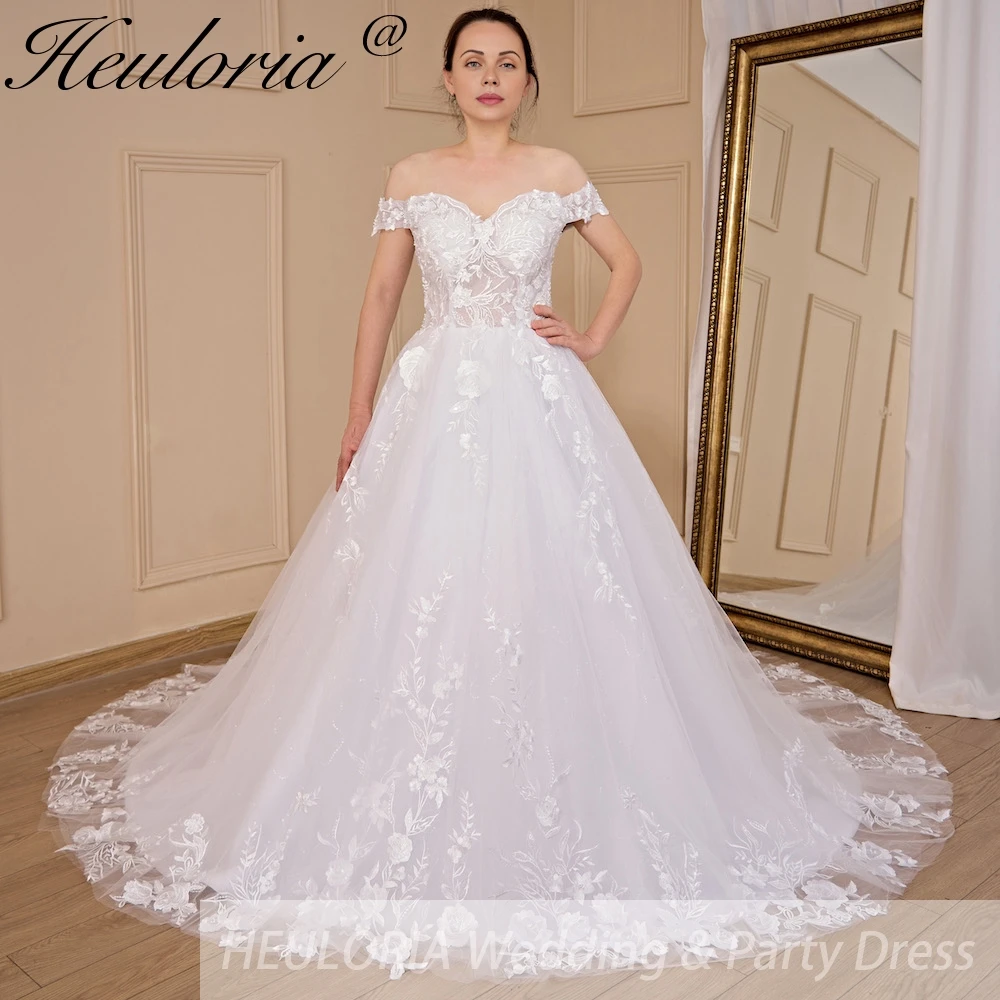 HEULORIA princess wedding dress off shoulder shinny skirt lace applique plus size white bride dress customize