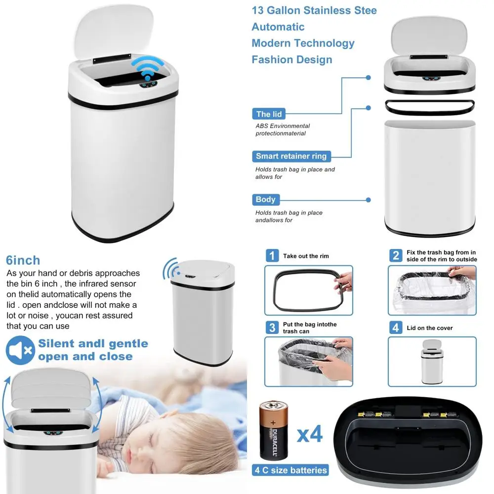سلة مهملات بمستشعر حركة أوتوماتيكي بدون لمس، سلة مهملات مطبخ من الفولاذ المقاوم للصدأ سعة 13 جالونًا، سعة مضادة لبصمات الأصابع سعة 50 لترًا