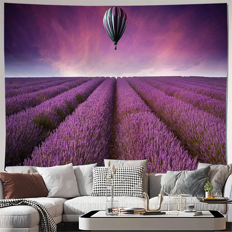 Hot Air Balloon over Purple Lavender Field Wall Tapestry Machine Washable All Season Decor Print Home Durable materials