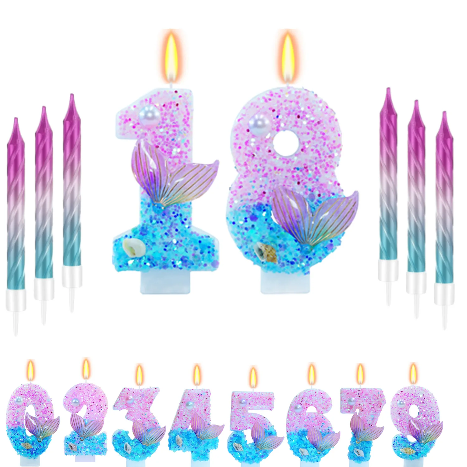 11pcs Mermaid Themed Birthday Candles, Number 0-9 Girls Glitter Birthday Supplies, Anniversary Decor, Cake Decorations