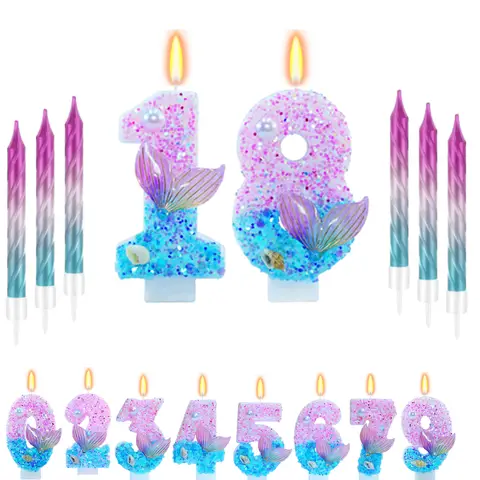 11pcs Mermaid Themed Birthday Candles,Number 0-9 Girls Glitter Birthday Party Supplies,Anniversary Party Decor, Cake Decorations