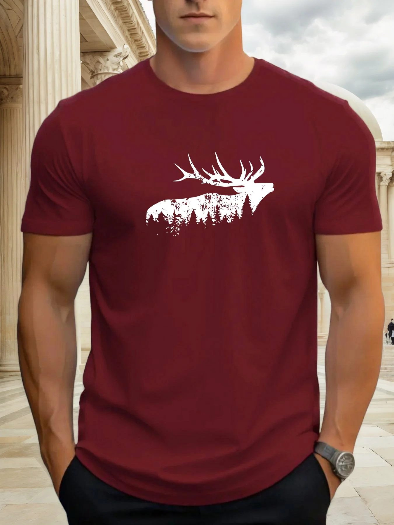 100% Cotton Men's Casual Loose T-Shirt Breathable and Fashionable Reindeer Pattern Printed Short-Sleeved Round Neck Top