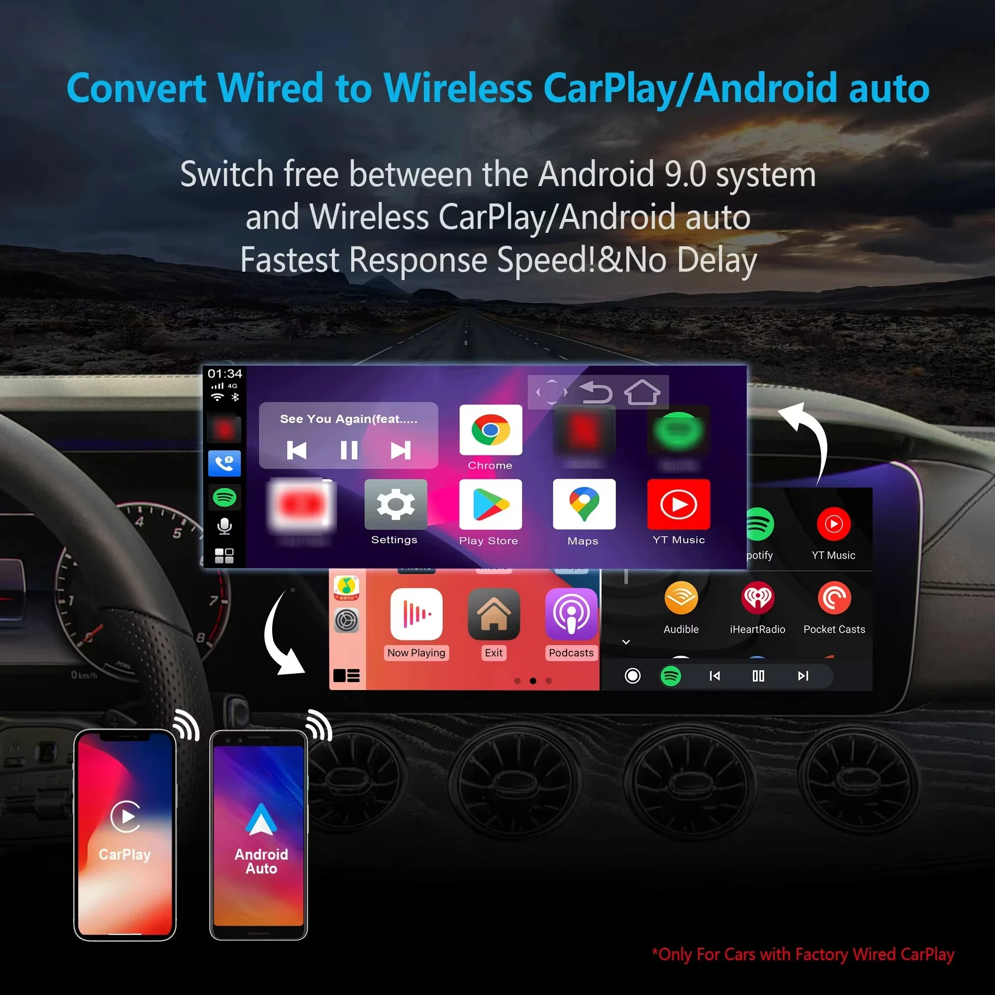 OTTOCAST U2 Plus Android Ai Box 64GB Wireless CarPlay Android Auto Adapter for Netflix TV Box for Toyota Volkswagen Hyundai Ford