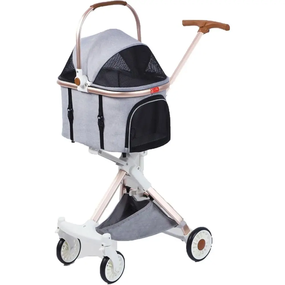 

3-Wheel Grey Pet Stroller with Cushion for Small Dogs or Cats, Includes Storage Basket