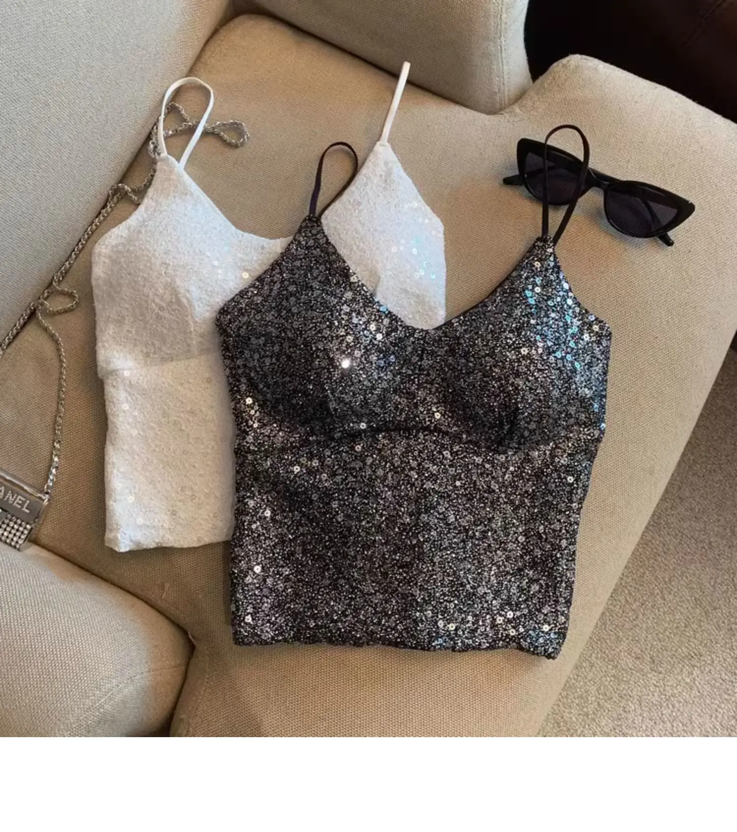 

Women's Summer New Item Solid Color Fashion Sequin Light Mature Sexy V-neck Sleeveless Camisole Vest Pullover Top