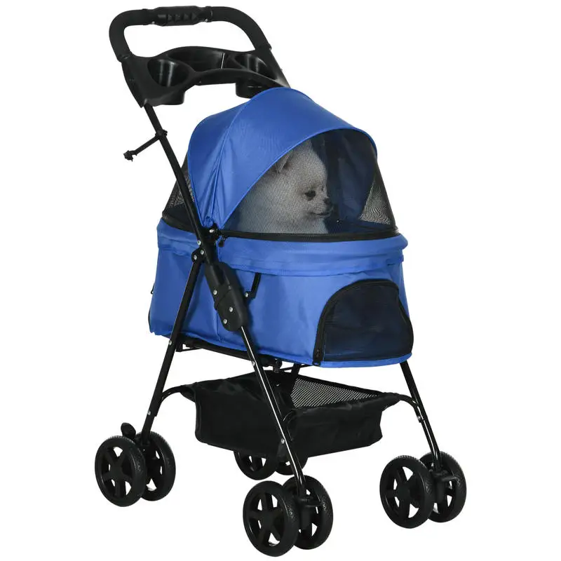 Poussette pour chien, pliable, fenêtre en maille, auvent amovible, porte-gobelet, panier de base, structure métallique, bleu, 67 x 45 x 96 cm