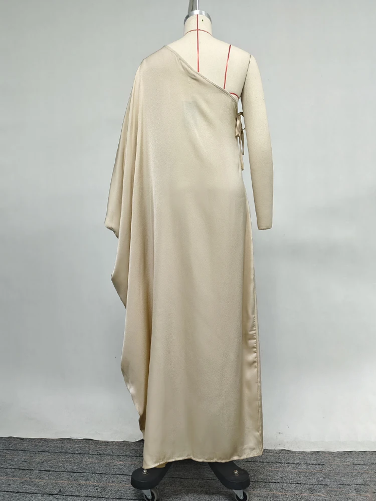 2025 nuevas mujeres elegantes mangas de murciélago Color sólido Split-Joint Robe vestido de un solo hombro suelto Casual vacaciones vestido veraniego