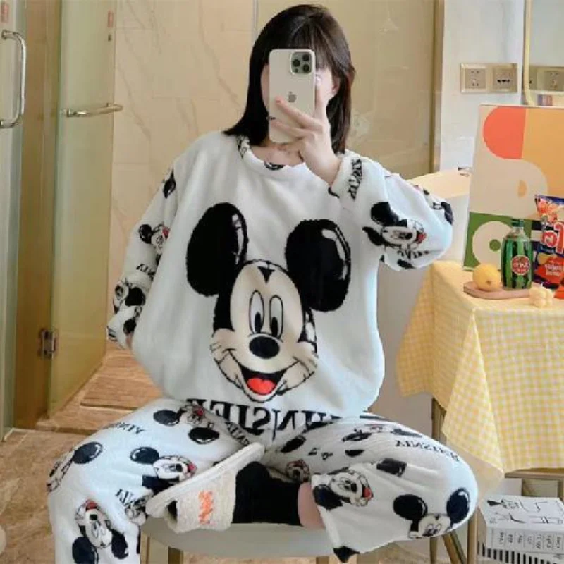 Disney coral fleece pajamas winter fleece thickened warm loose cartoon comfortable Mickey Mouse women\'s pajamas loungewear set