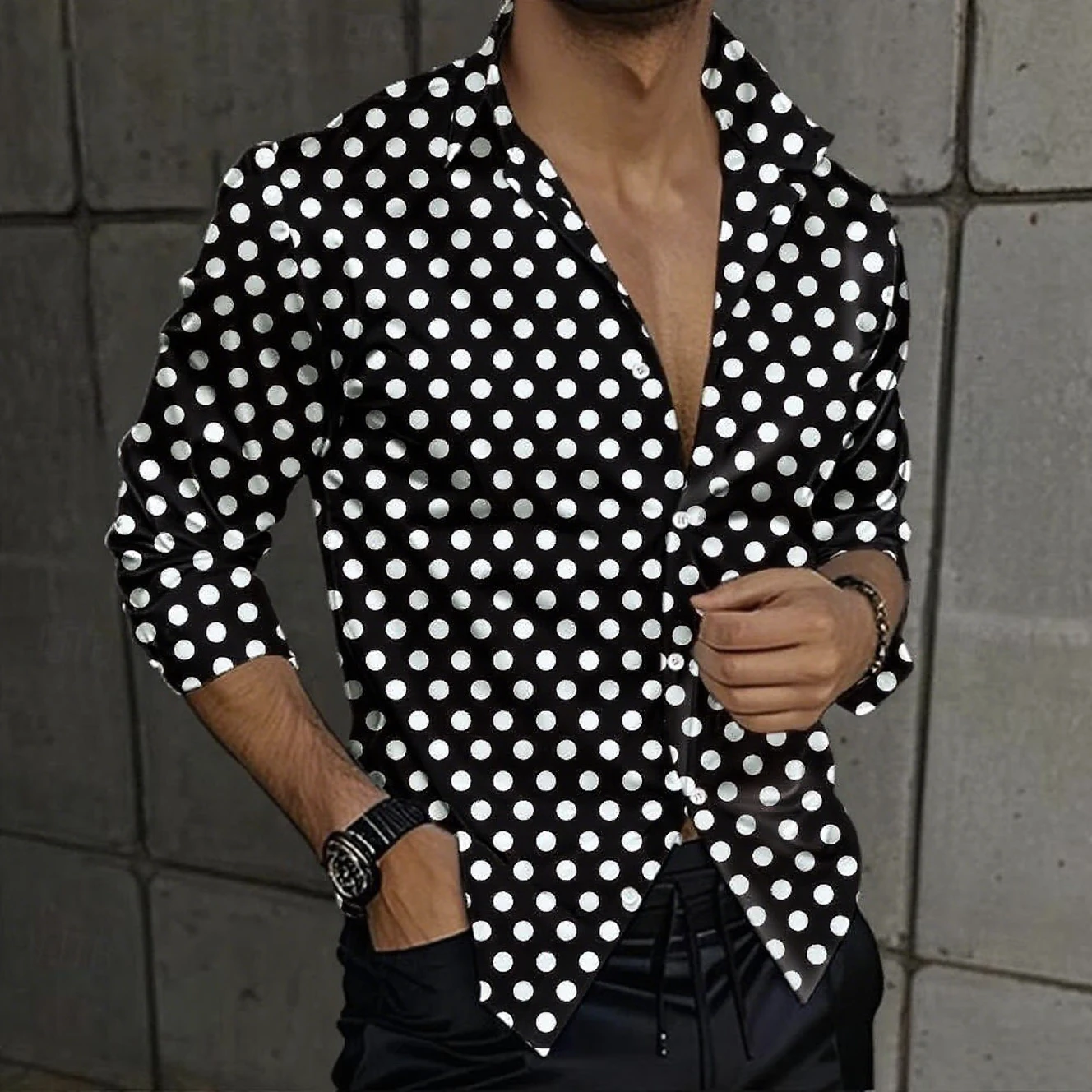 

Мужская разноцветная классическая рубашка в горошек с геометрическим узором, рубашка на пуговицах, модная повседневная рубашка с длинным рукавом для праздничной вечеринки, рубашка с лацканами