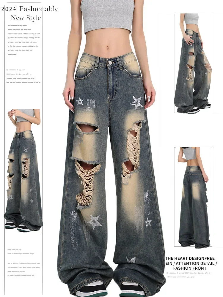 

Women American Vintage Goblin Core Y2k Ripped Hole Baggy Star Jean Japanese Streetwear Denim Pants Trousers Grunge Punk Baddie