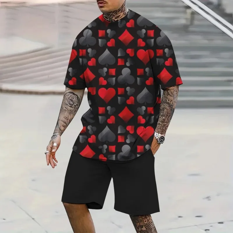 

2025 Summer Casual Breathable Short Sleeved Shorts Style Oversized Polyester Fiber Fashionable Men's 3D Poker Print