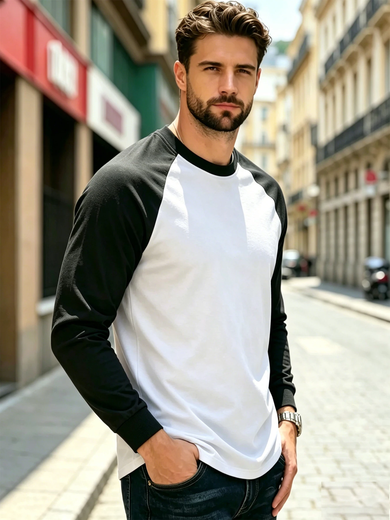 Men Casual Raglan Long Sleeve Crew Neck Contrast Color Tshirt All Season Soft Breathable Base Layer Streetwear Tops