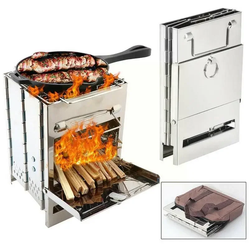 Outdoor Grill Mini Firewood Stove Outdoor Wood Folding Camping Stove Folding Grill Equipment Barbecue Supplies Square Cooki B1M6