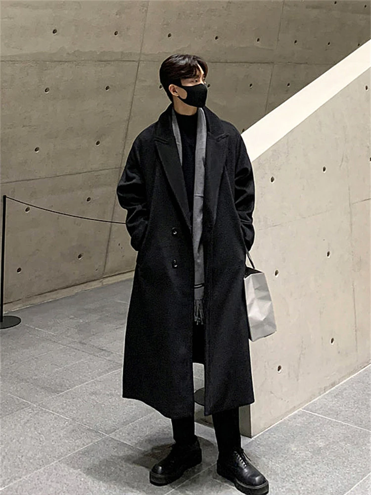 

Элитное корейское мужское шерстяное пальто черного цвета, осенне-зимнее, теплое, удлиненное (ниже колена), ветрозащитное, верхняя одежда