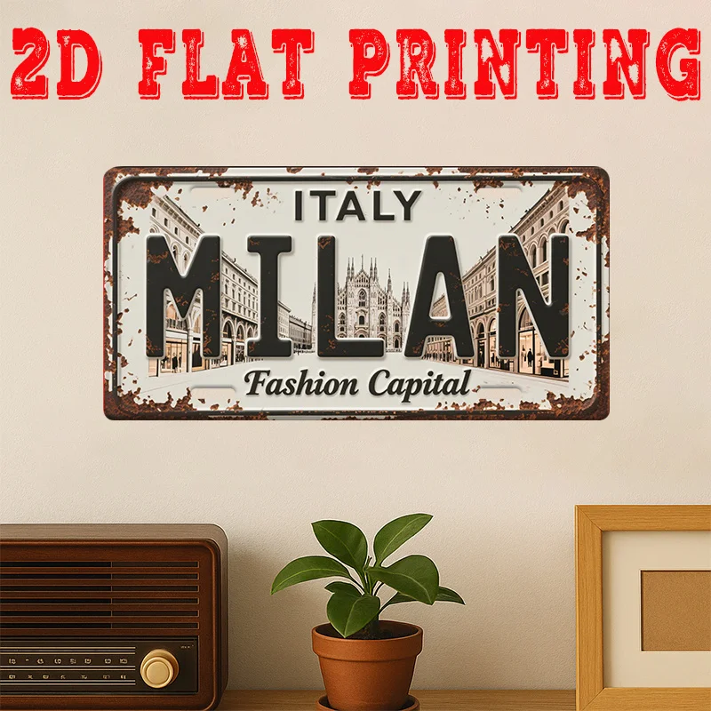 2D Flat Vintage Metal Tin Sign Milan Italy Duomo di Milano Cathedral Italian Flag Colors Retro Wall Art Plaque 11.8