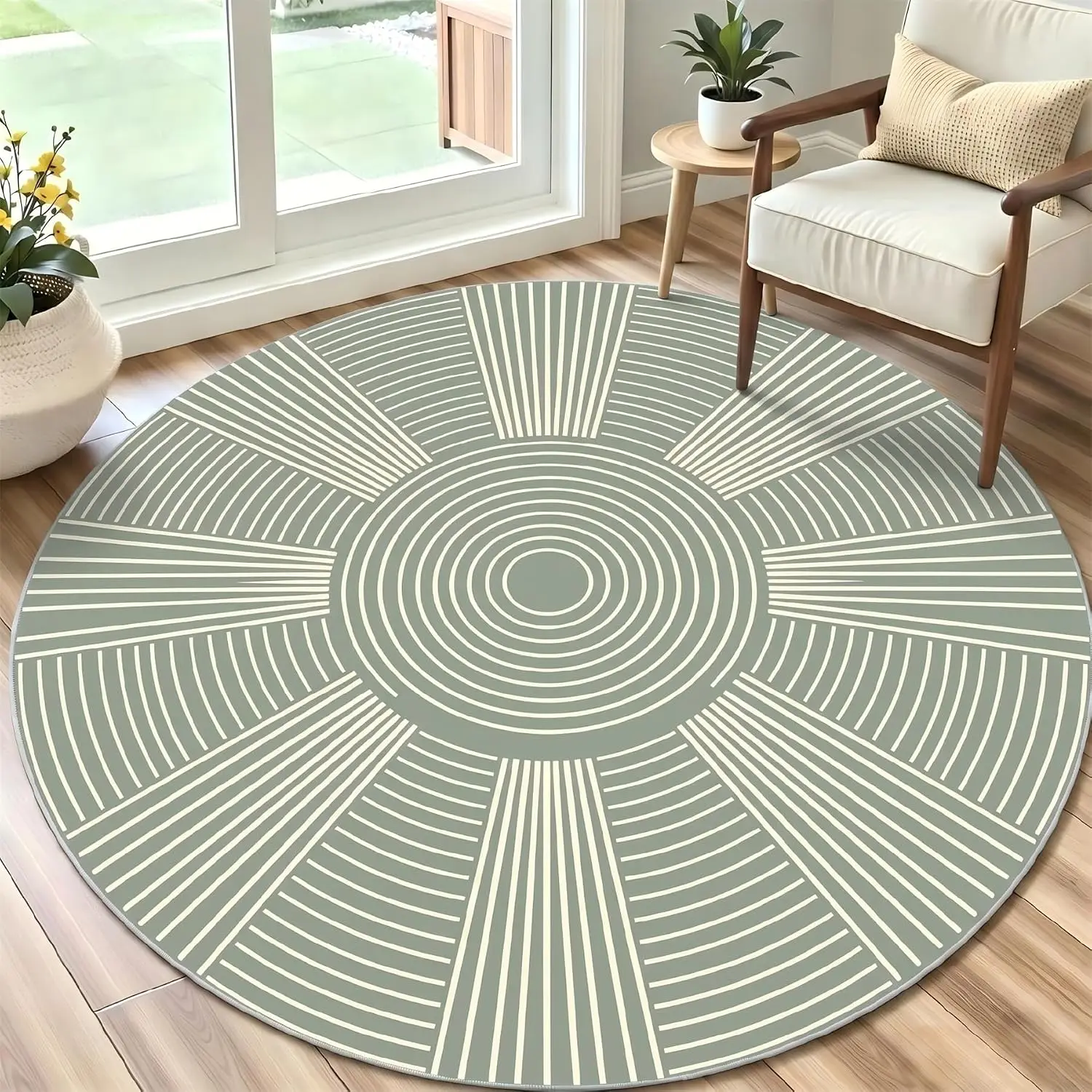 Nordic Minimalist Round Mat Light Blue Area Carpet Cartoon Fish Bone Pattern Geometric Diamond Border Living Room Floor Rug