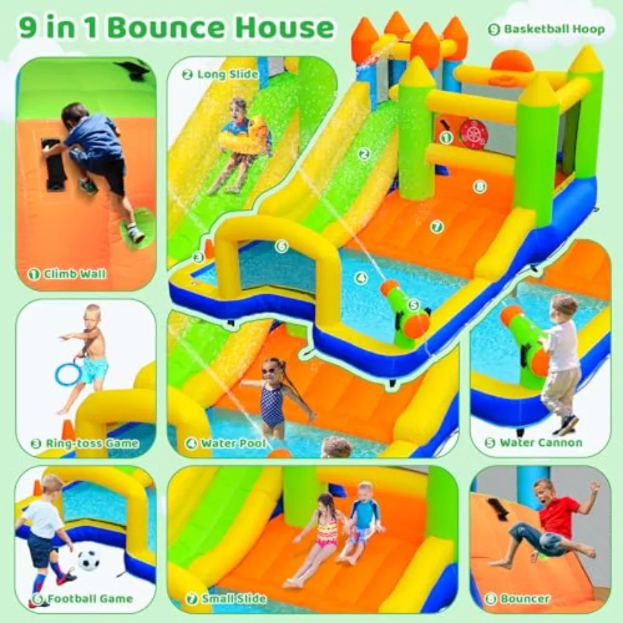 Dmuchany zamek dmuchany, dmuchana zjeżdżalnia wodna dla dzieci, zamek dmuchany 9 w 1 z długą zjeżdżalnią, ścianą do wspinaczki, basenem z kulkami, bramką do piłki nożnej, Blo