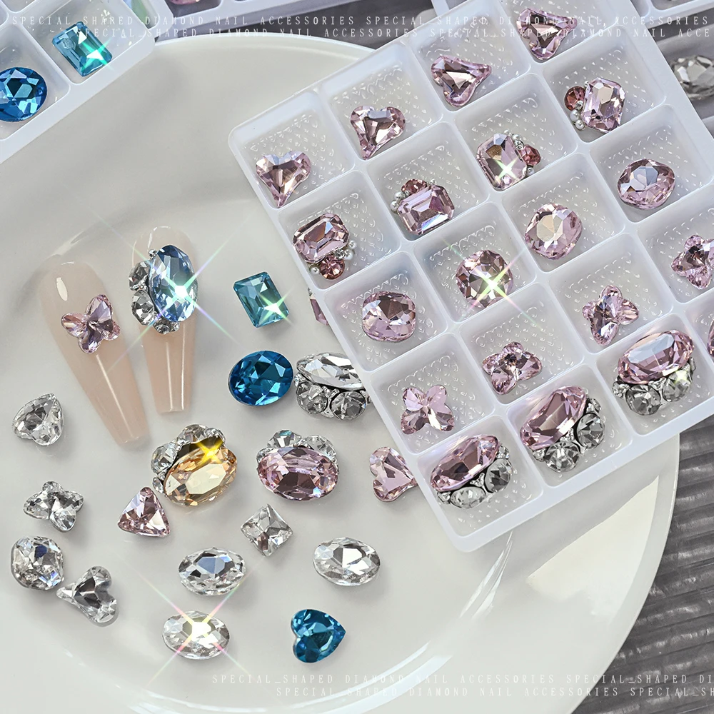 20 pçs elegante k9 vidro brilho cristal-como prego pilha diamante luxo coração quadrado arte do prego strass pedras preciosas encantos *