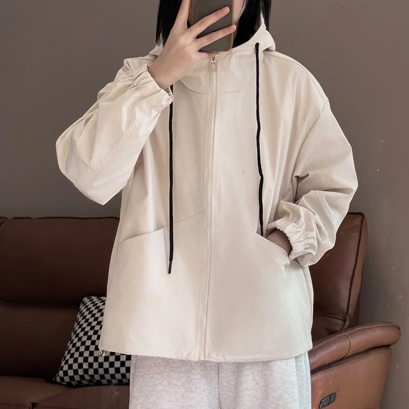 

2025 New Spring Autumn Casual Jacket Women's Fashion Hooded Wind And Sun Protection Coat Popular Loose Zipper Outerwear Top