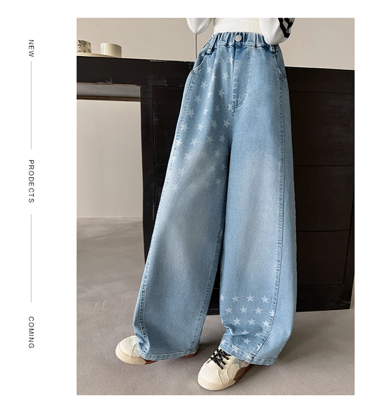 Neue Designer-Kinderjeans im Street-Style mit Sternen für Teenager-Mädchen, elegante blaue Denim-Hosen, Größe 5-14 – Detail 7