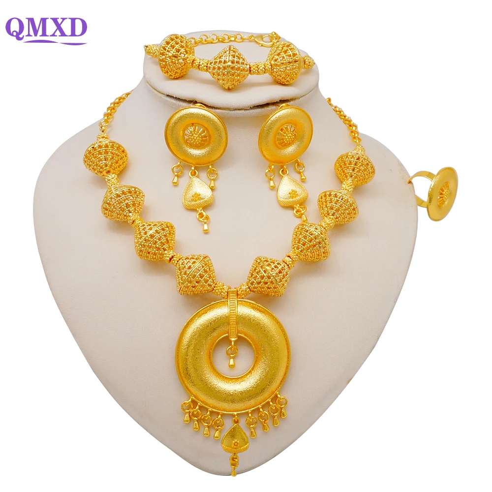 

Fashion Ethiopian Dubai Gold Color Irregular Jewelry Sets Luxury Big Round Necklace Earrings Sets For Women Wedding Party Gifts