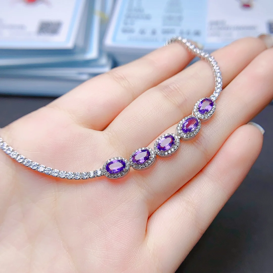 FS Fashion S925 Sterling Silver Inlay 4*6Natural Amethyst Bracelet With Certificate Fine Charm Wedding Jewelry for Women MeiBaPJ
