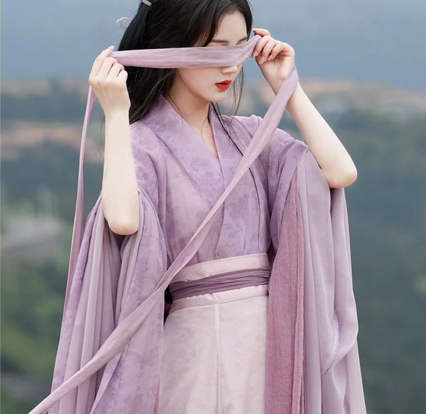 Chinese Style Adult Hanfu Dress in Wei and Jin Dynasty Fashion with Wide Collar, Broad Sleeves, and Eight-Part Skirt for Everyda