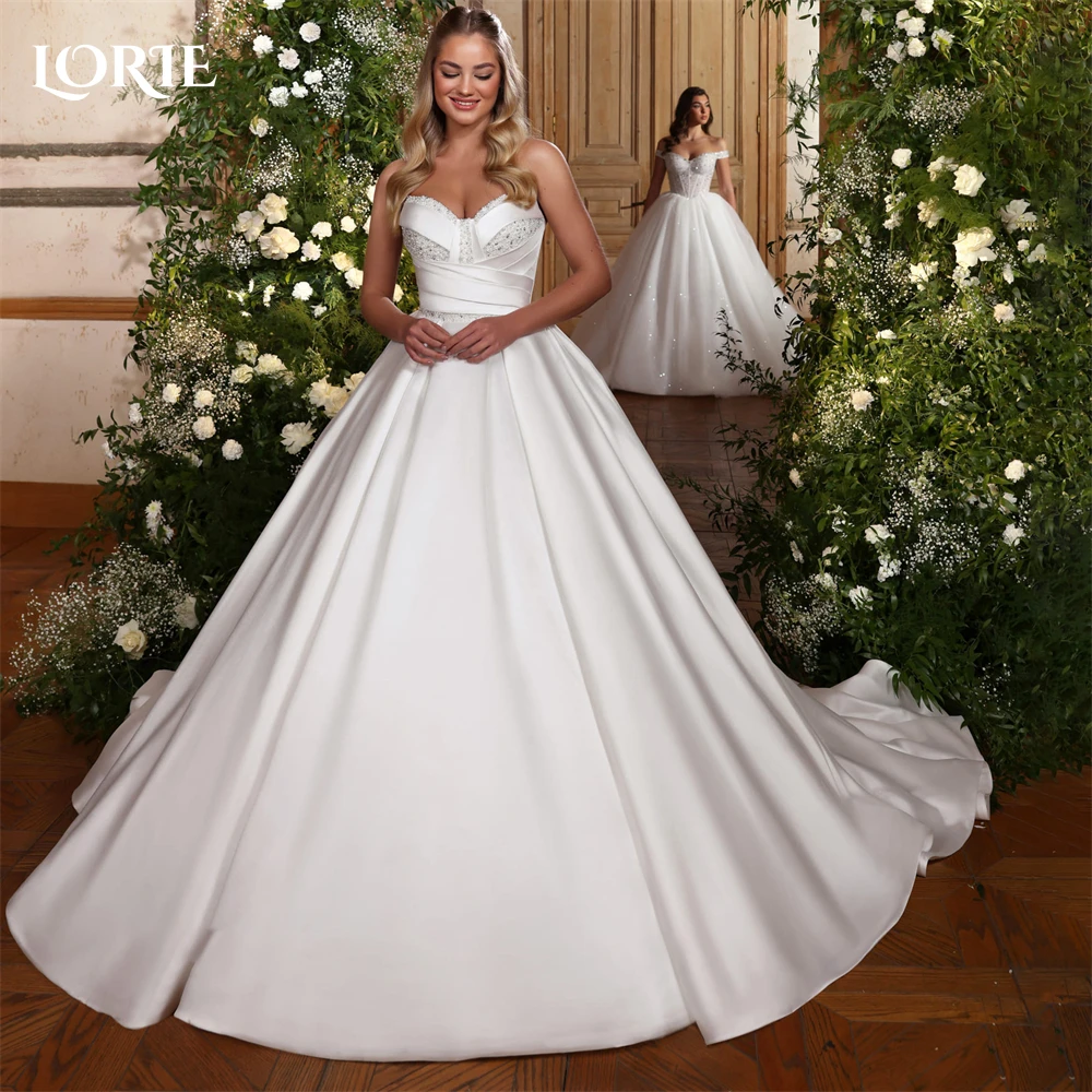 

LORIE Vintage Glitter Pure Wedding Dresses Off Shoulder A-Line Pleats Sequins Bridal Gowns Pearls Princess Bride Dress Shiny