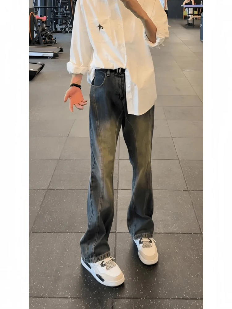 American High Street Vibe Men's Spring Autumn Workwear Jeans Straight Leg Micro Flare Long Trousers Retro Blue Denim Patchwork