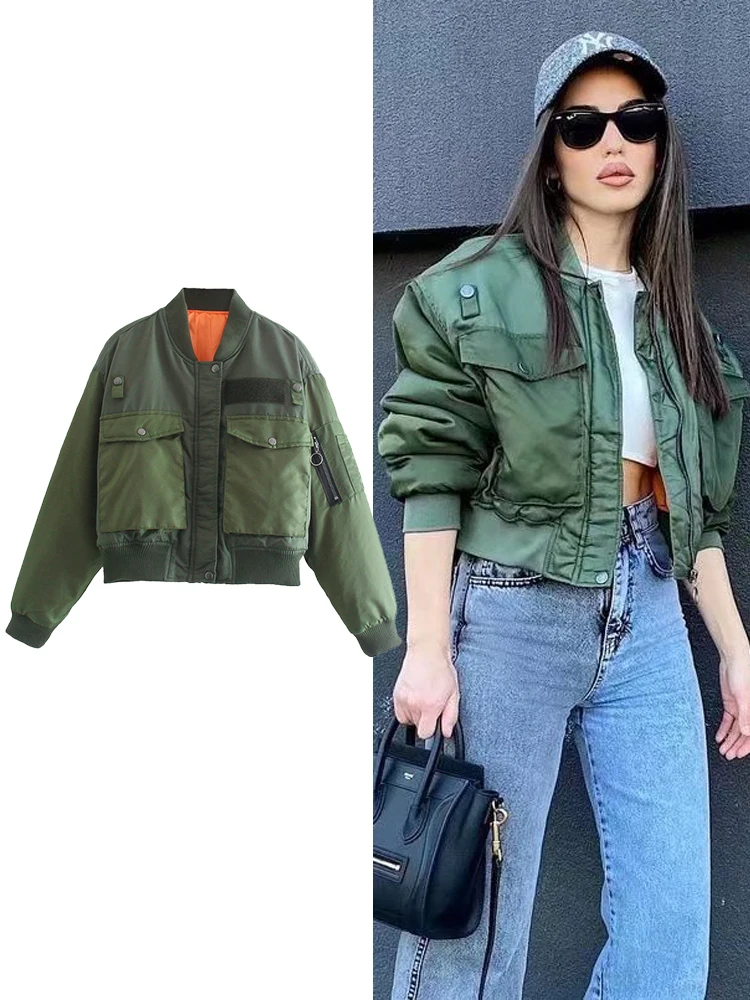 

2024 Women's Fashion Aviator Jacket Army Green Round Neck Long Sleeve Pockets Warm Jacket Autumn and Winter Women's Short Jacket