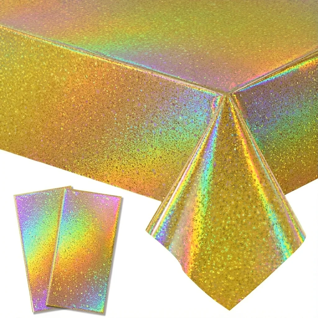 1/3/5Pcs Disposable Rectangular Holographic Gold Star Print Tablecloth 137×183cm/54×72In, Waterproof Plastic Banquet Table Cover