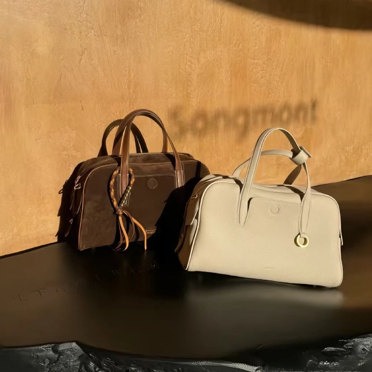 Songmont Handbag Cowhide Bowling Bag Boston Bag