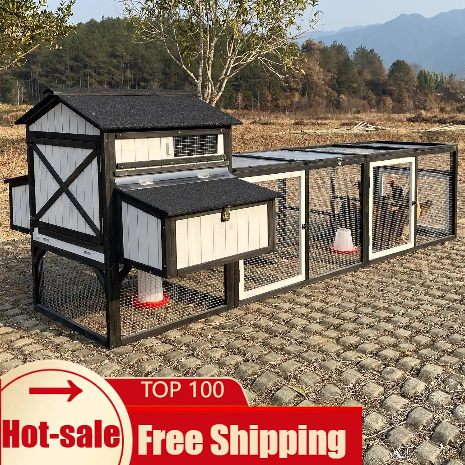 

116 L Large Chicken Coop and Run Hen House with 4 Nesting Box Boxes Rabbit Hutch Poultry Bunny Cage for 4 6 Chickens with 4