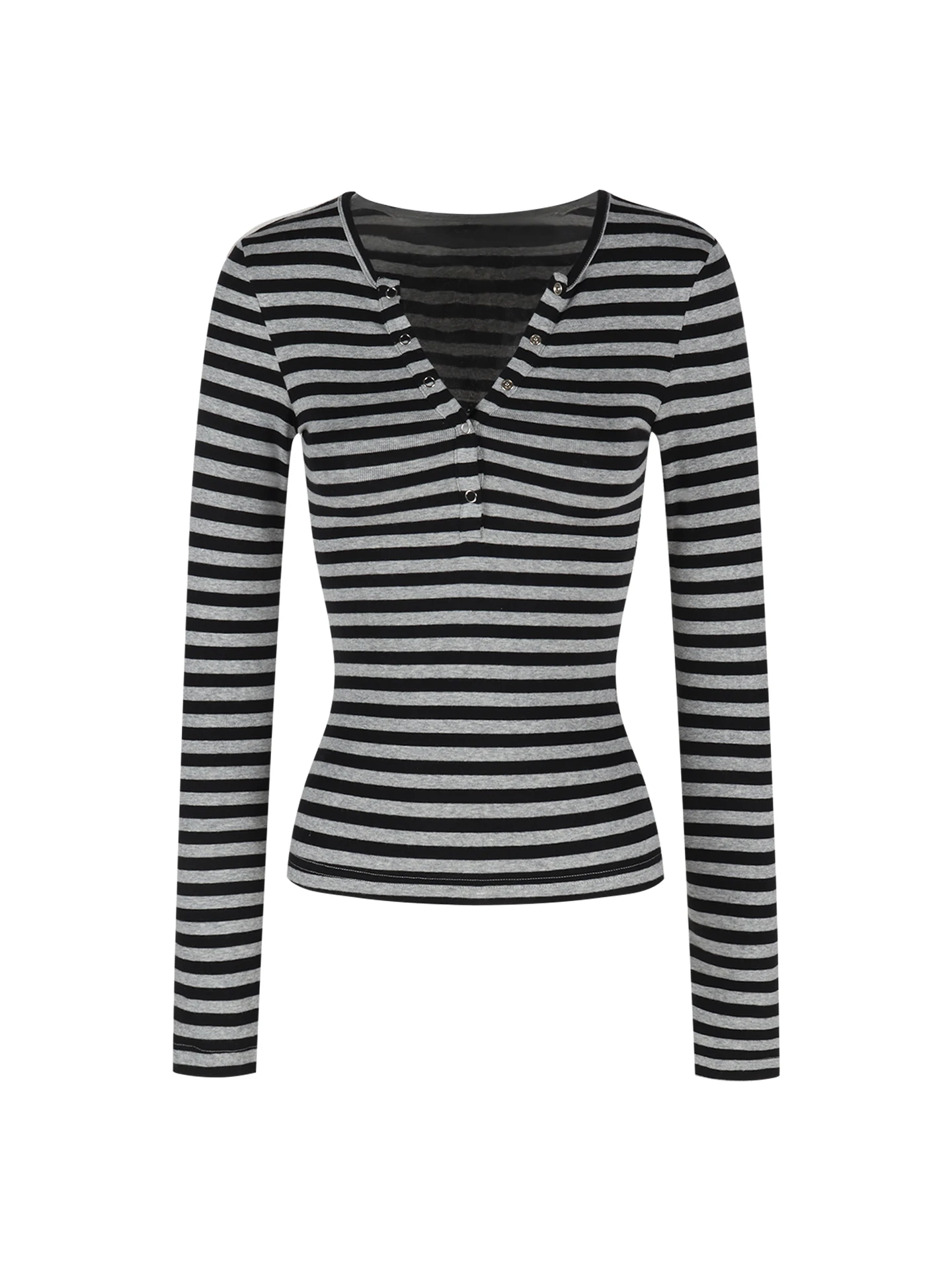 اللون حجب مخطط بأكمام طويلة تي شيرت للنساء الخريف سليم صالح الخصر Cinching الطبقة الداخلية قاعدة شبه مفتوحة الرقبة