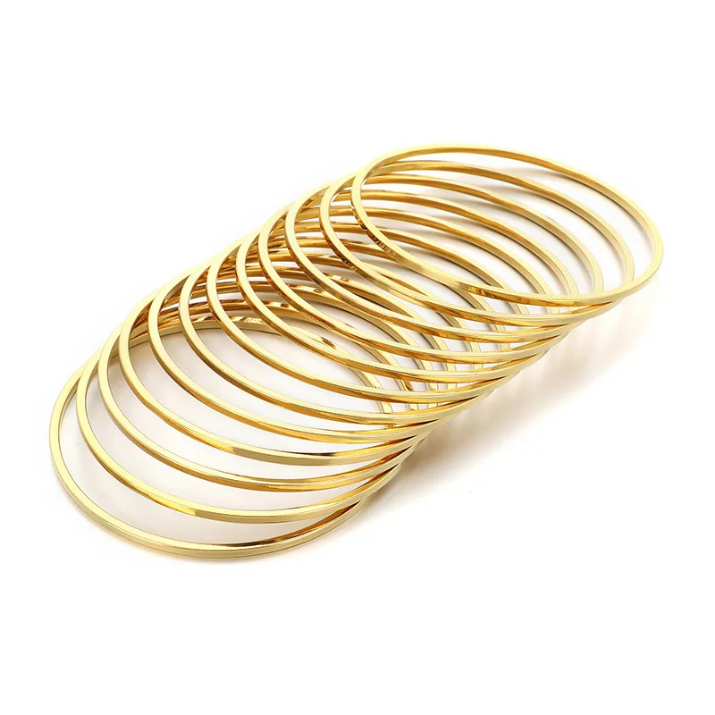18K Gold Plated Bangles for Women Stainless Steel Glossy Stackable Thin 2mm Round Bracelets Solid Plain Polished Set of Jewelry